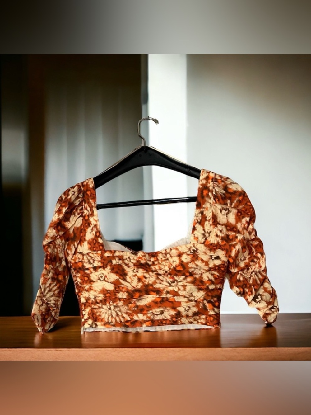 NEW Zara Printed Drape Crop Top Square Neck Orange Floral Size S Barbiecore